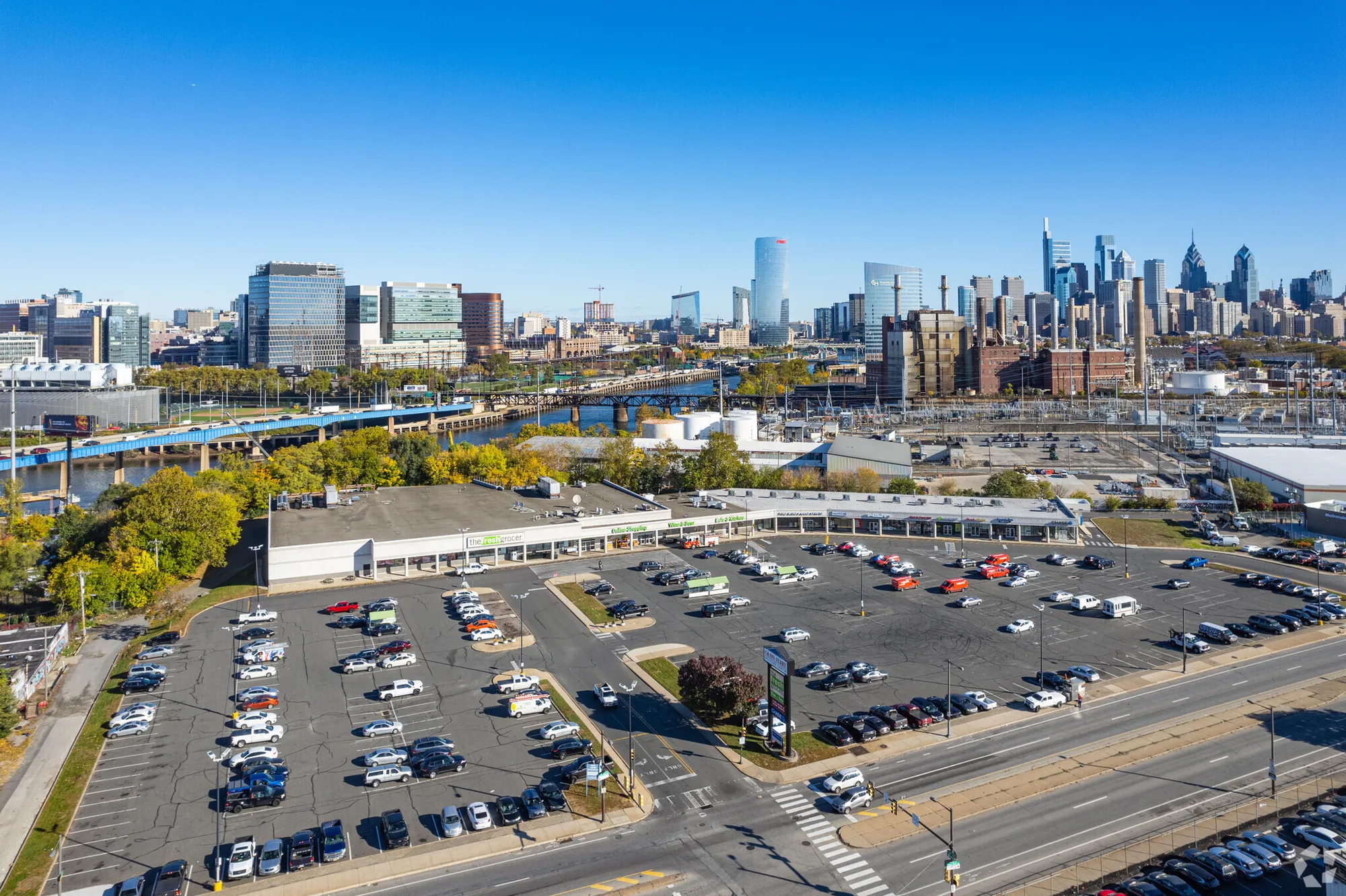 shopping center with philadelphia skyline in the back